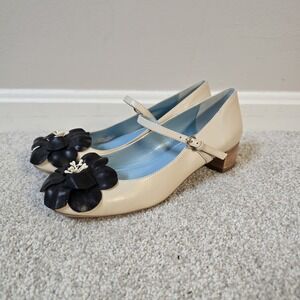 Frances Valentine Ivory Mary Jane Block Heel Shoes Size 7B Flower‎ Embellished